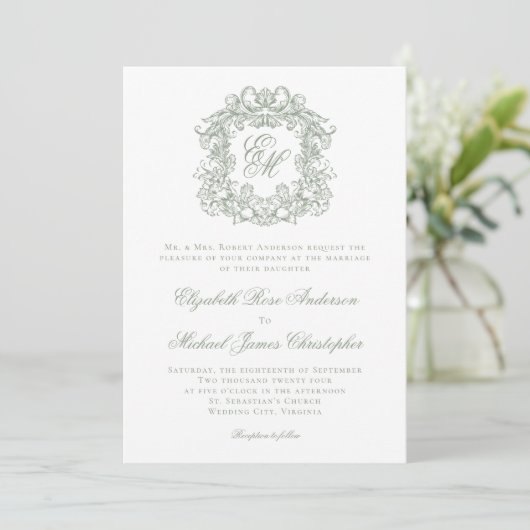 Elegant Sage Green Monogram Wedding Crest 招待状 (スタンド正面)