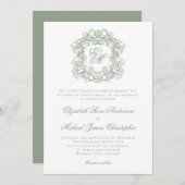 Elegant Sage Green Monogram Wedding Crest 招待状 (正面/裏面)