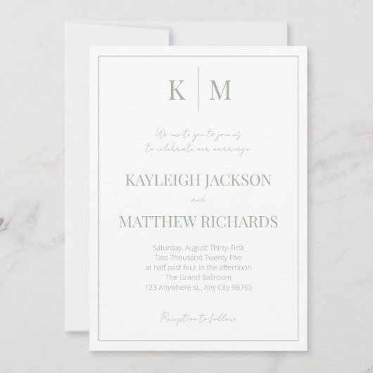 Elegant Sage Green Monogram Wedding  Invitation 招待状 (正面)