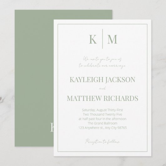 Elegant Sage Green Monogram Wedding Invitation 招待状 (正面/裏面)