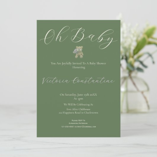 Elegant Sage Green Oh Baby Bear Shower Invitation 招待状 (スタンド正面)