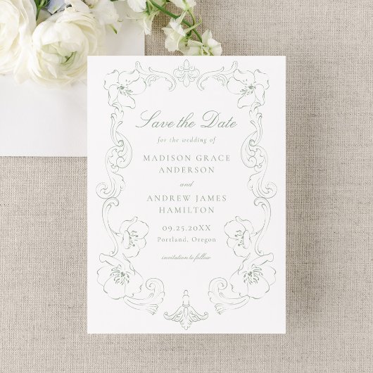 Elegant Sage Green Ornate Floral Frame Wedding セーブザデート