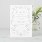 Elegant Sage Green Ornate Floral Frame Wedding セーブザデート (スタンド正面)