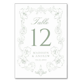 Elegant Sage Green Ornate Floral Frame Wedding テーブルナンバー