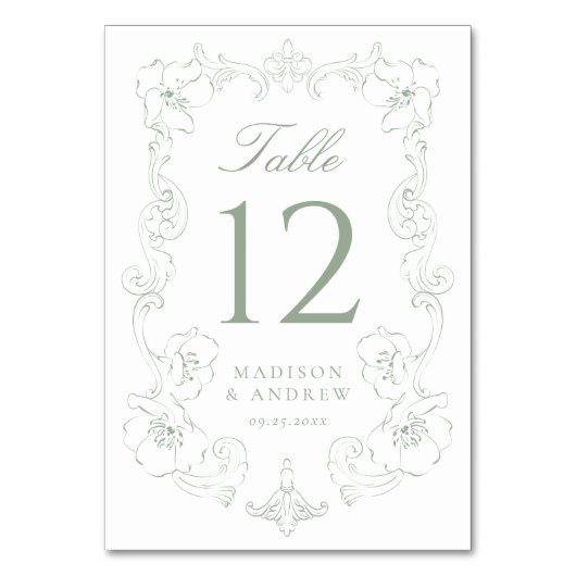 Elegant Sage Green Ornate Floral Frame Wedding テーブルナンバー (正面)
