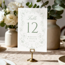Elegant Sage Green Ornate Floral Frame Wedding テーブルナンバー