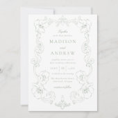 Elegant Sage Green Ornate Floral Frame Wedding 招待状 (正面)