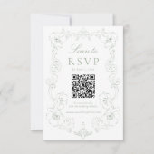 Elegant Sage Green Ornate Floral QR Code Wedding 出欠カード (正面)