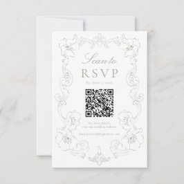 Elegant Sage Green Ornate Floral QR Code Wedding 出欠カード