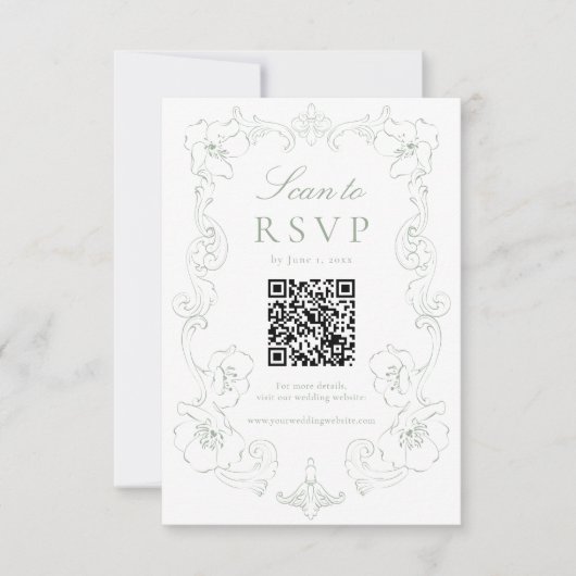 Elegant Sage Green Ornate Floral QR Code Wedding 出欠カード (正面)