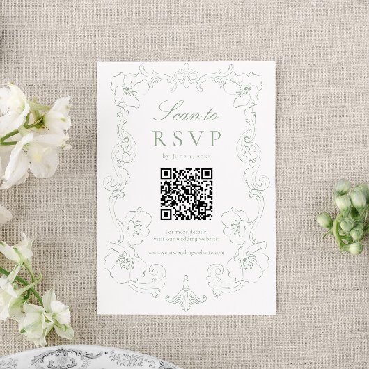 Elegant Sage Green Ornate Floral QR Code Wedding 出欠カード