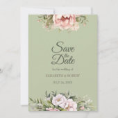 Elegant Sage Green Peony Floral Save the Date Card 招待状 (正面)