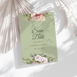 Elegant Sage Green Peony Floral Save the Date Card 招待状