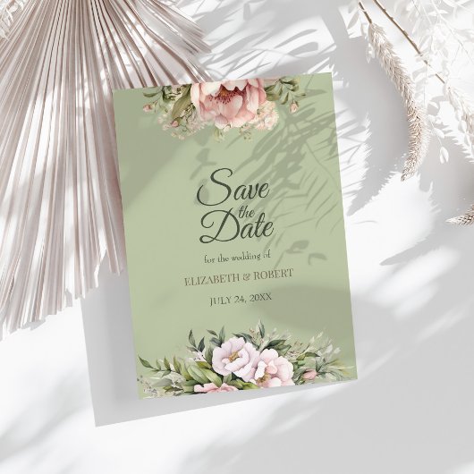 Elegant Sage Green Peony Floral Save the Date Card 招待状