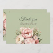 Elegant Sage Green Peony Floral Thank You Card サンキューカード (正面/裏面)