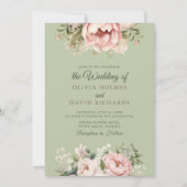 Elegant Sage Green Peony Floral Wedding Invitation 招待状 (正面)