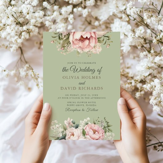 Elegant Sage Green Peony Floral Wedding Invitation 招待状