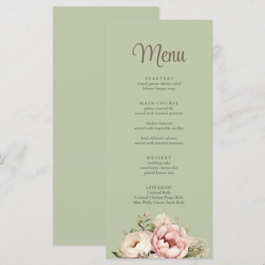 Elegant Sage Green Peony Floral Wedding Menu メニュー (正面/裏面)