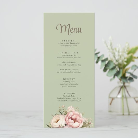 Elegant Sage Green Peony Floral Wedding Menu メニュー (スタンド正面)