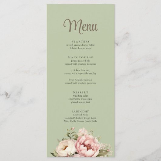 Elegant Sage Green Peony Floral Wedding Menu メニュー (正面)