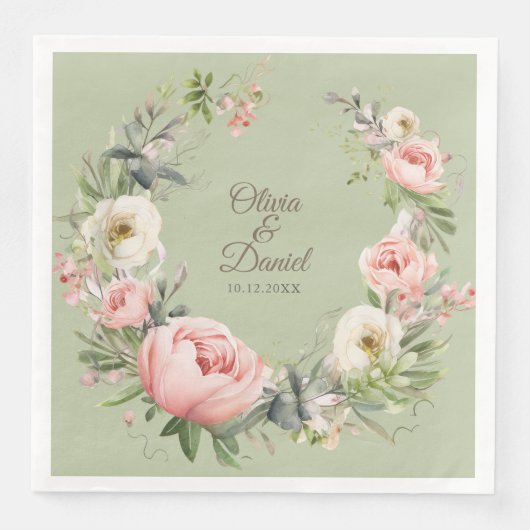 Elegant Sage Green Peony Floral Wedding Napkin (正面)