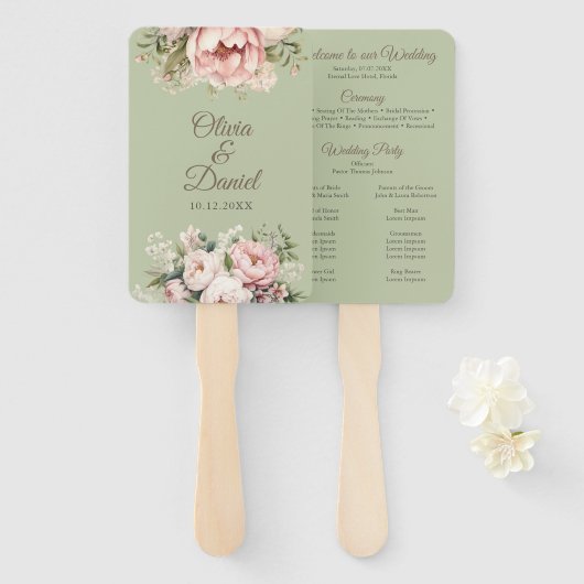 Elegant Sage Green Peony Floral Wedding Program ハンドファン (正面&裏面)