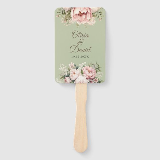 Elegant Sage Green Peony Floral Wedding Program ハンドファン (正面)