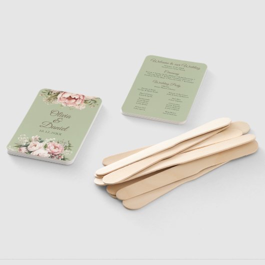 Elegant Sage Green Peony Floral Wedding Program ハンドファン (組立なし)