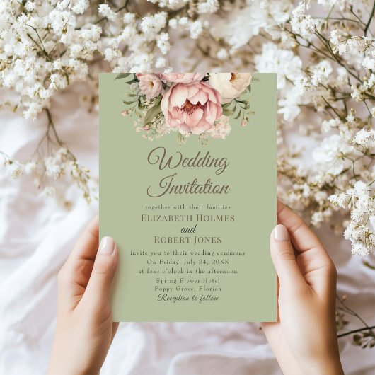 Elegant Sage Green Peony Wedding Invitation 招待状