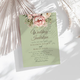 Elegant Sage Green Peony Wedding Invitation 招待状