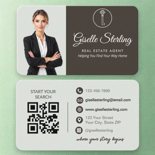 Elegant Sage Green Photo Real Estate Agent QR Code 名刺