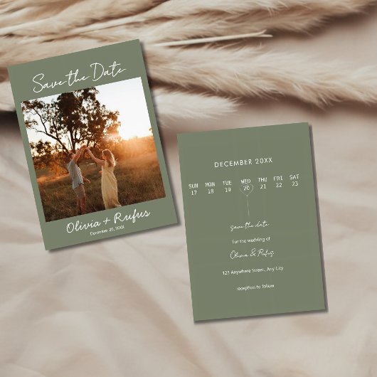 Elegant Sage Green Photo Save the Date Card セーブザデート