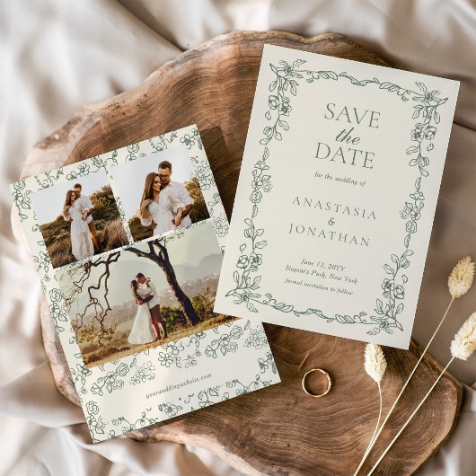 Elegant Sage Green Photo Vintage Wedding セーブザデート