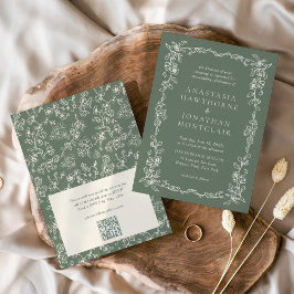 Elegant Sage Green QR Code RSVP Victorian Wedding 招待状