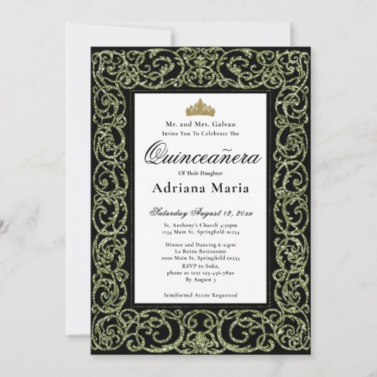 Elegant Sage Green Quinceanera Invitation 招待状 (正面)