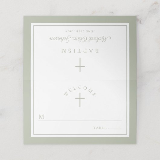 Elegant Sage Green Religious Boy Baptism プレイスカード (外部開封)
