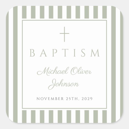Elegant Sage Green Religious Cross Baptism スクエアシール (正面)