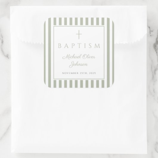 Elegant Sage Green Religious Cross Baptism スクエアシール (バッグ)