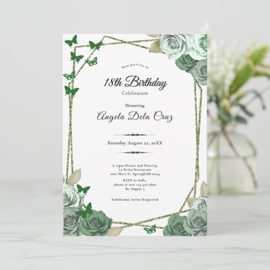 Elegant Sage Green Rose 18th Birthday Debut  招待状 (スタンド正面)