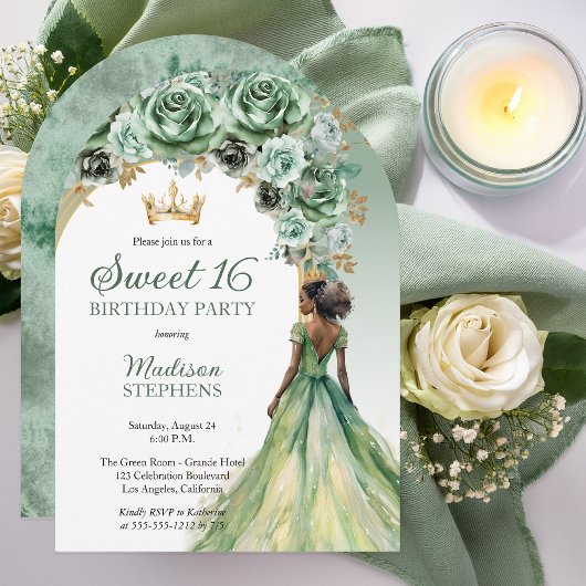 Elegant Sage Green Rose Floral Sweet 16 Party 招待状