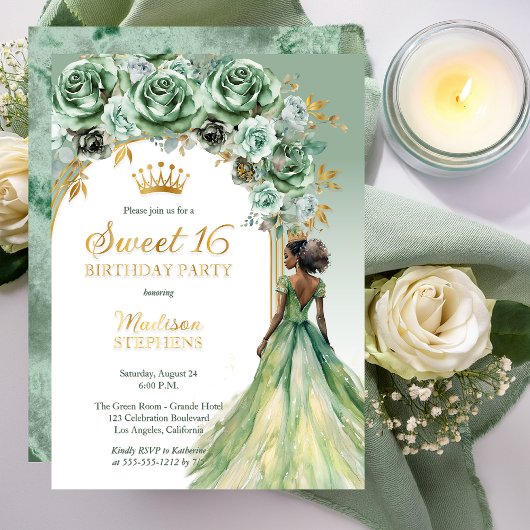 Elegant Sage Green Rose Floral Sweet 16 Party 箔招待状