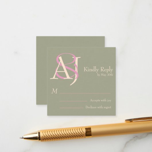 Elegant Sage Green & Rose Pink Wedding Response エンクロージャーカード (正面/裏面インサイチュ)