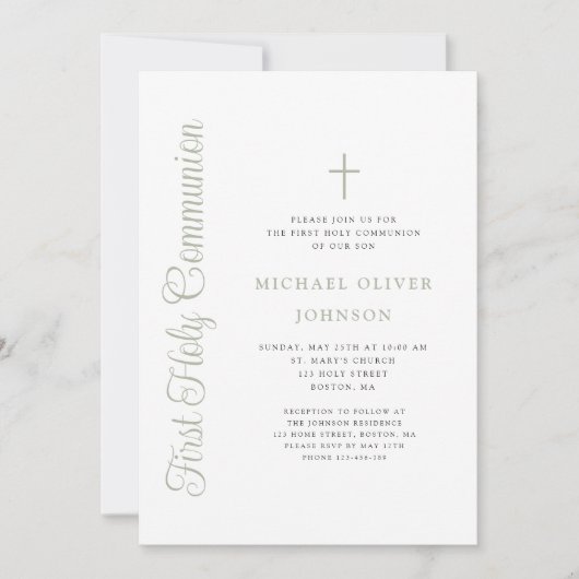 Elegant Sage Green Script Boy First Communion 招待状 (正面)