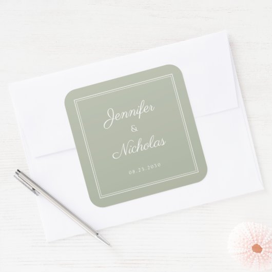 Elegant Sage Green Script Wedding スクエアシール (封筒)