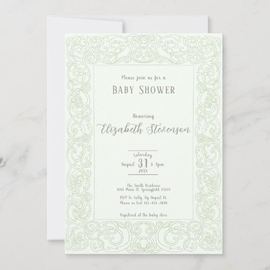 Elegant Sage Green Scrollwork Baby Shower  招待状 (正面)
