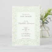 Elegant Sage Green Scrollwork Baby Shower  招待状 (スタンド正面)