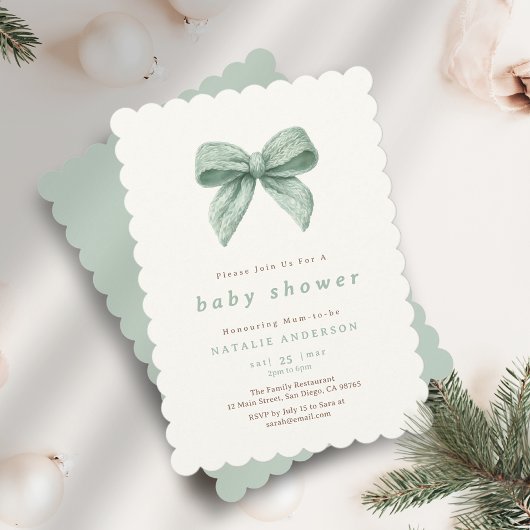 Elegant Sage Green Soft Coquette Baby Shower 招待状