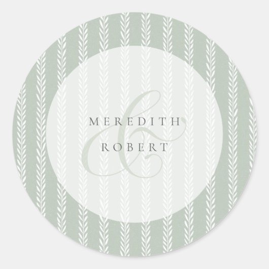 Elegant Sage Green Stripes & Ampersand Wedding ラウンドシール (正面)
