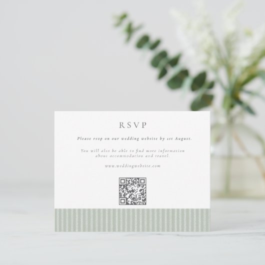 Elegant Sage Green Stripes QR Code Wedding 出欠カード (スタンド正面)