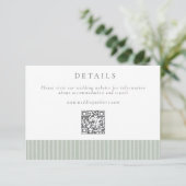 Elegant Sage Green Stripes QR Code Wedding Details エンクロージャーカード (スタンド正面)